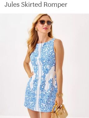 Jules Skirted Romper - Lilly Pulitzer White Mini Dress with Blue Scroll Print